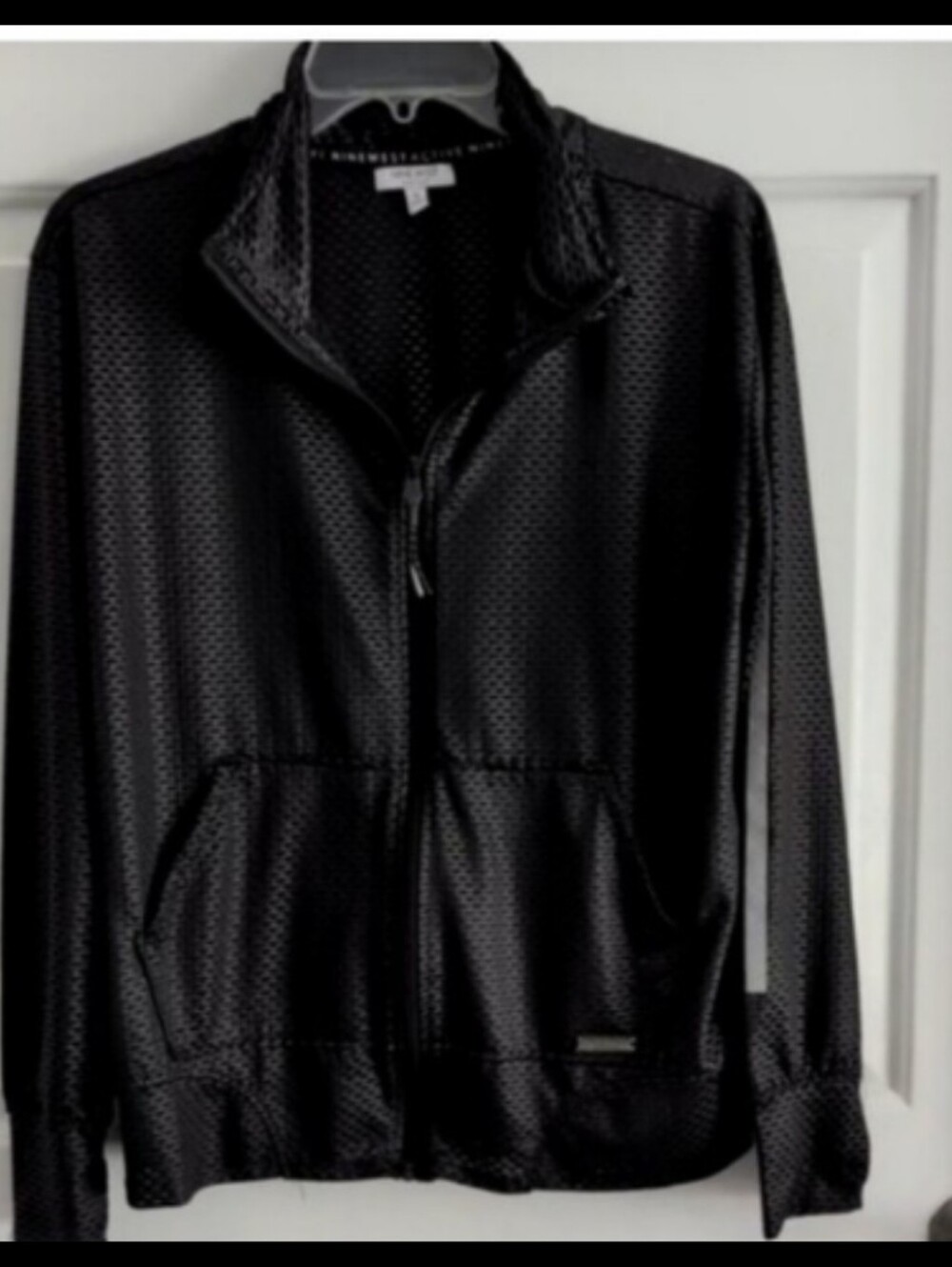 Nine West Black Textured Active Zipper front Jacket Reflective Sleeve Running